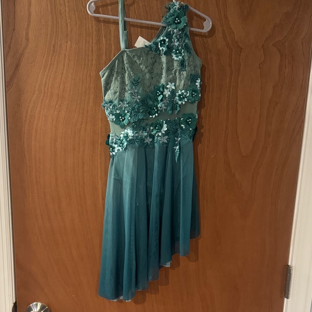 Medium Child Teal One-Shoulder Floral and Mesh Dance Dress